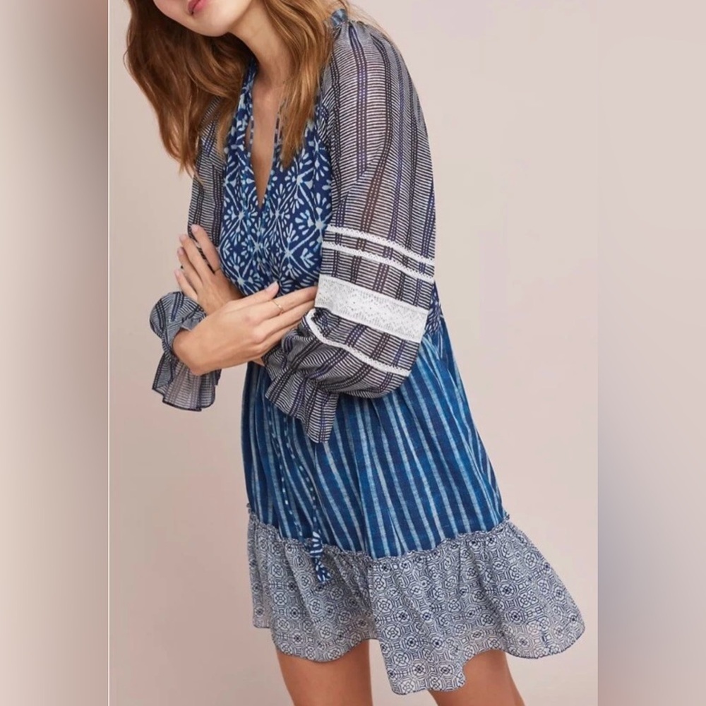 Hemant & Nandita Boho Tassel Ruffle Mini Dress Small Anthropologie